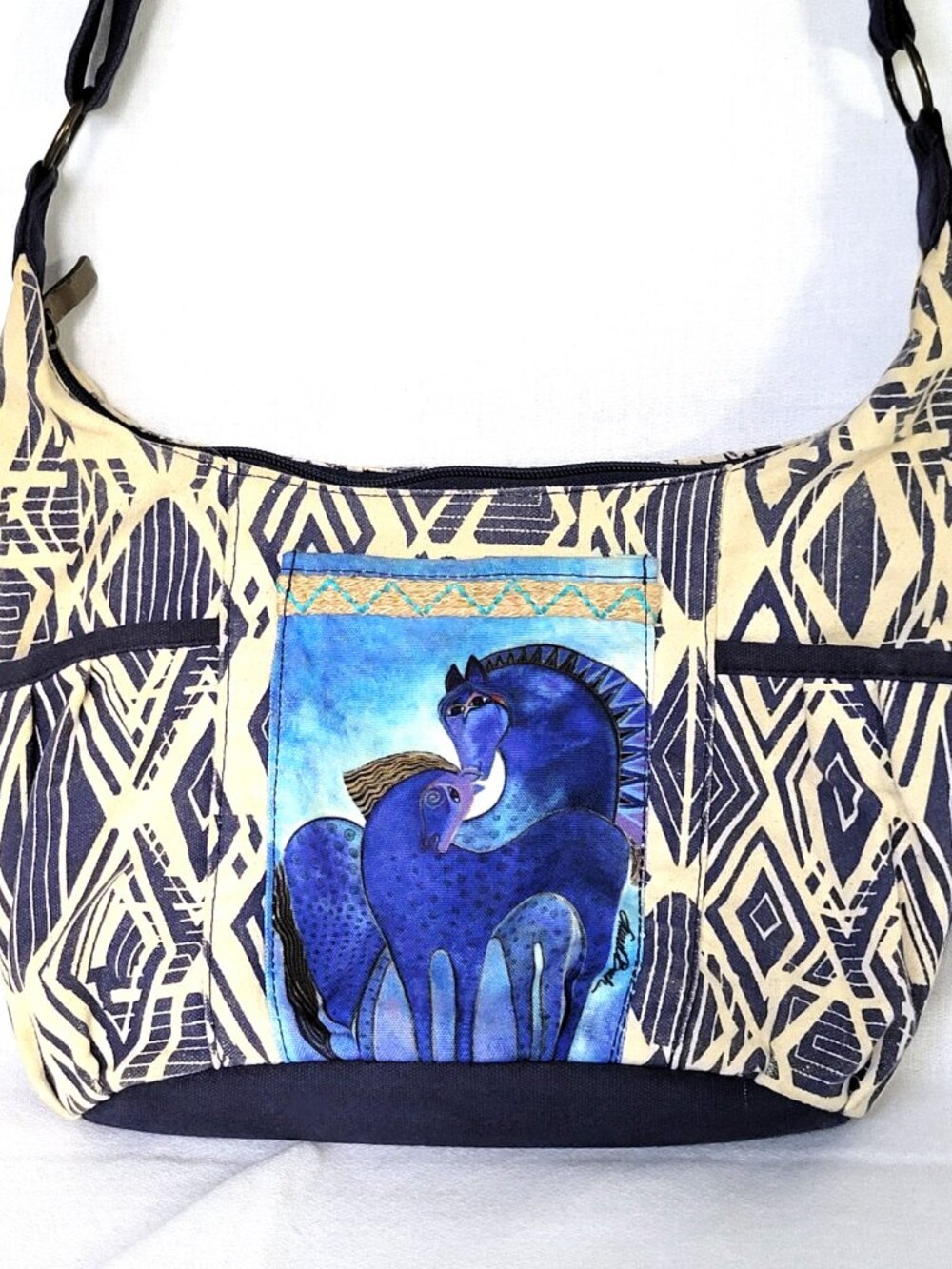 Laurel Burch Indigo Mares Canvas Crossbody Bag Blue Horse Boho Shoulder Purse